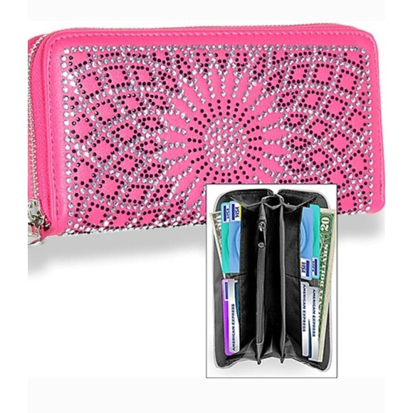 Fuchsia Boho Flower Sunburst Rhinestone Hobo Handbag & Matching Wallet Set - Picture 4 of 11